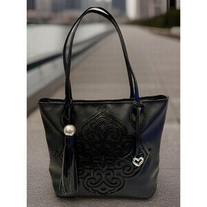Brighton Ferrara Gabriella Medallion Black Leather Tassel Tote Bag EUC